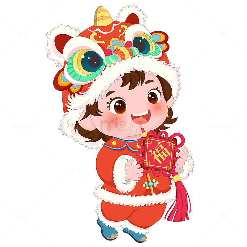 春节过年戴舞狮帽拿福字中国结女孩节日插画