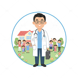 圆形卡通医生与家庭插画