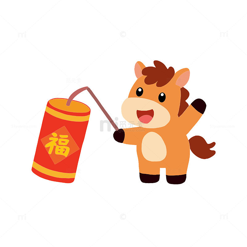 可爱卡通马年新春点鞭炮喜庆祝福插画