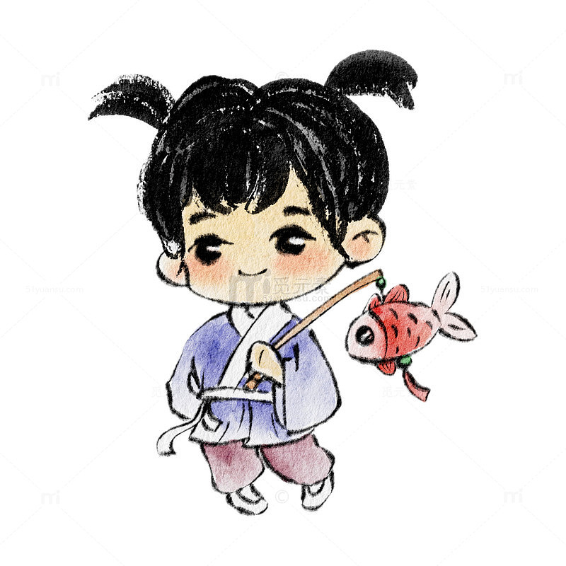水墨风卡通小男孩金鱼灯笼插画素材
