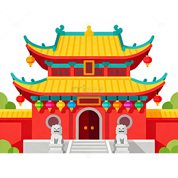 平面风格的寺庙卡通风