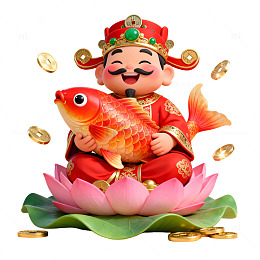 财神爷抱红锦鲤3D卡通素材