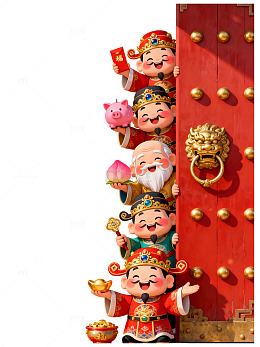 喜庆财神红门装饰五路财神卡通插画风格