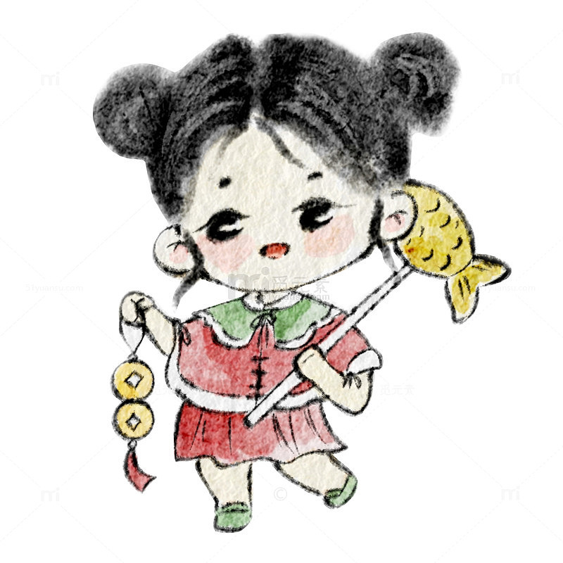 水墨风童趣拿着鱼灯女孩插画
