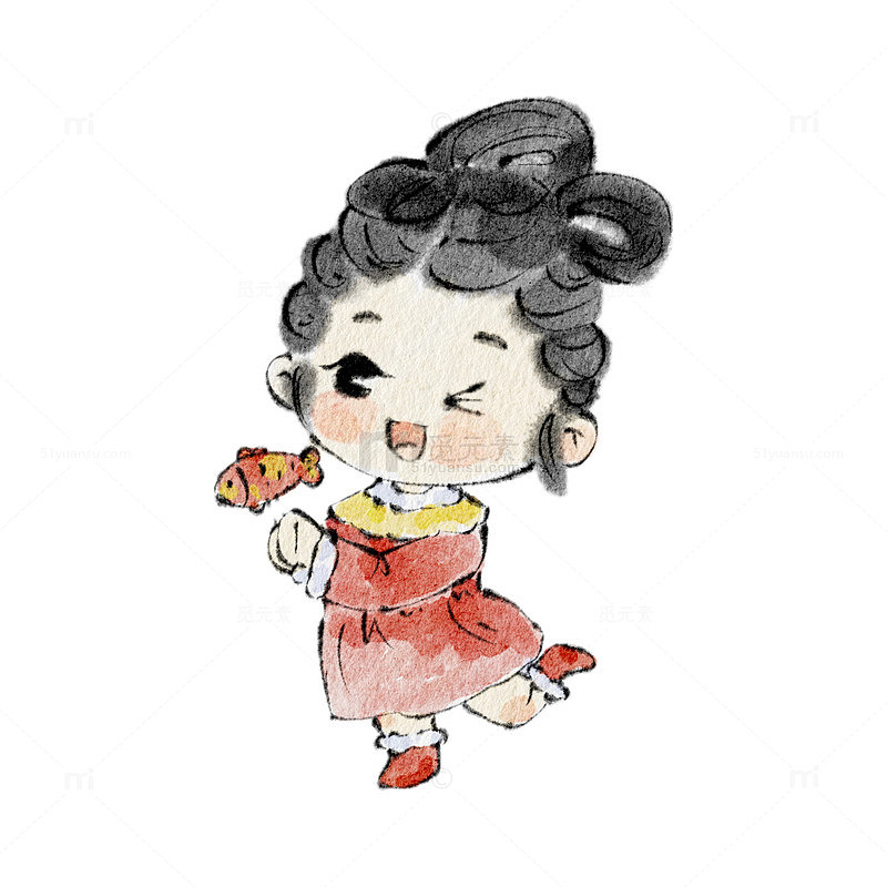 水墨卡通小女孩拿鱼灯插画