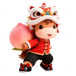 3D卡通马年IP背鲜桃的可爱小马