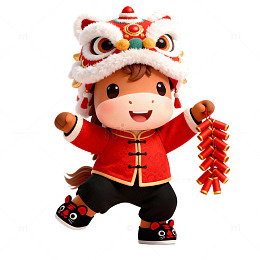 3D卡通马年IP手拿鞭炮串的可爱小马