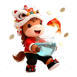 3D卡通马年IP锦鲤钱币的可爱小马