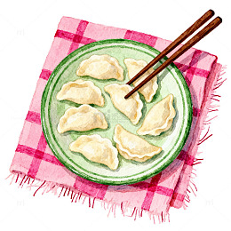 水彩饺子美食插画