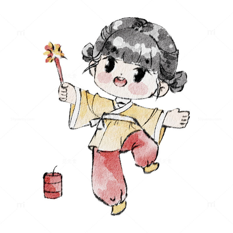 水墨风卡通小女孩放鞭炮