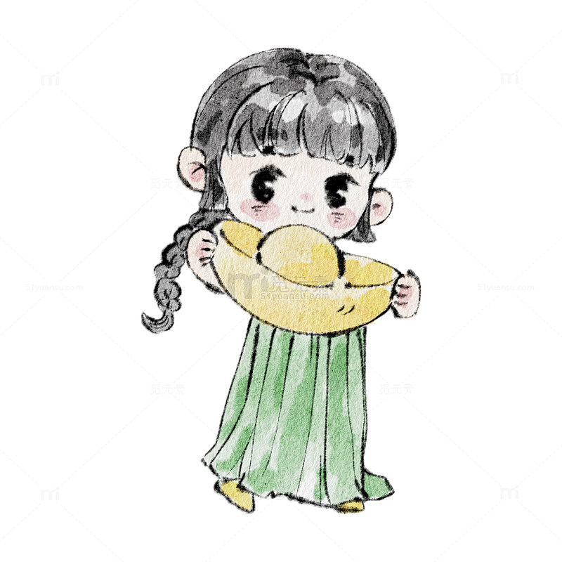 水墨风卡通小女孩手拿元宝插画素材