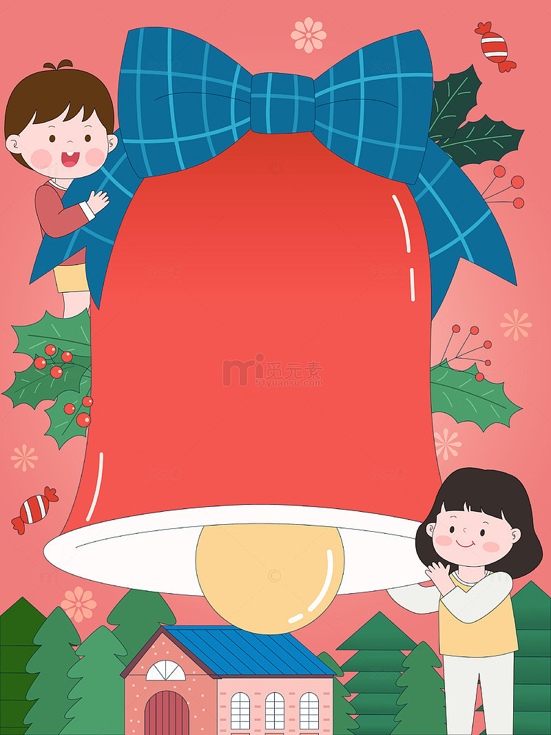 卡通风圣诞节铃铛孩子开心庆祝节日儿童插画