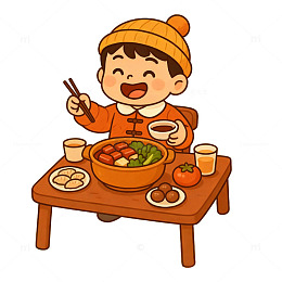 卡通吃火锅的男孩小雪大雪插画素材