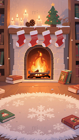 圣诞壁炉温馨插画