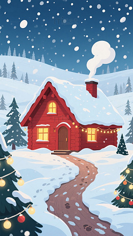 冬日雪景小屋插画