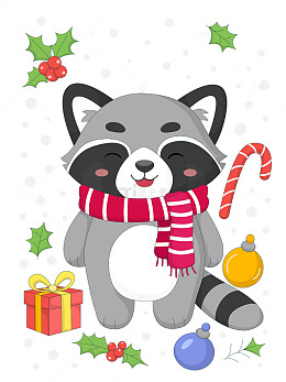 冬季卡通动物保暖小浣熊戴围巾礼物儿童插画
