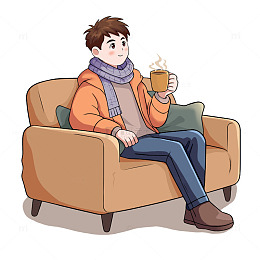 冬季坐在沙发上喝咖啡的男生