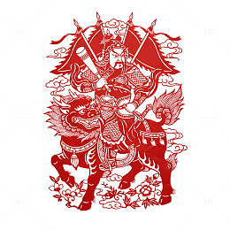 传统中国风红色剪纸武士龙图案