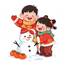 卡通新年堆雪人欢乐场景插画