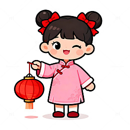 卡通风格春节小女孩红灯笼图案