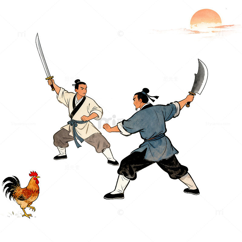 武侠高手与雄鸡对峙闻鸡起舞免抠元素