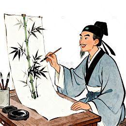 古代文人挥毫画竹图