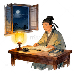 古人挑灯夜读图