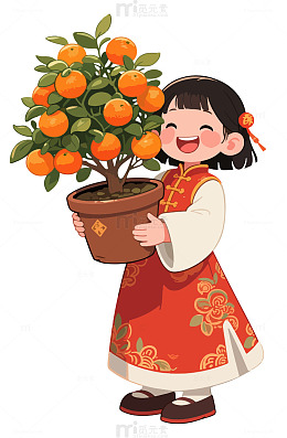 卡通新年女孩橘子盆栽插画