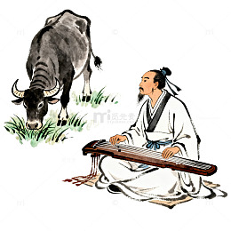 国风古人对牛弹琴场景图免抠元素