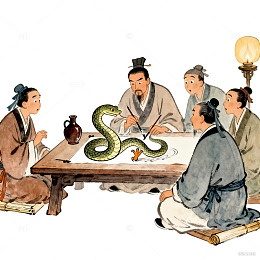 古人围坐画蛇添足场景图