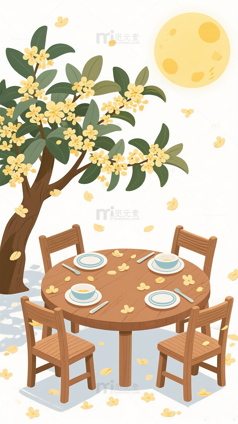 中秋桂花月圆餐桌插画