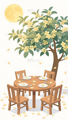 桂花树下中秋夜赏月插画