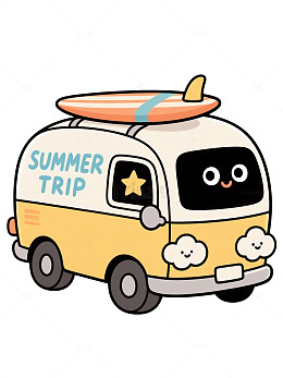 卡通小黄车夏日旅行插画