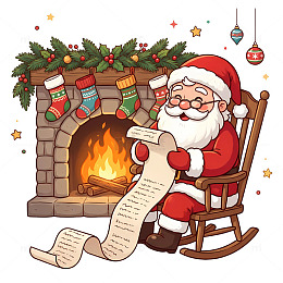 圣诞老人壁炉前读清单卡通插画