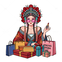 京味国潮女人购物时尚购物插画