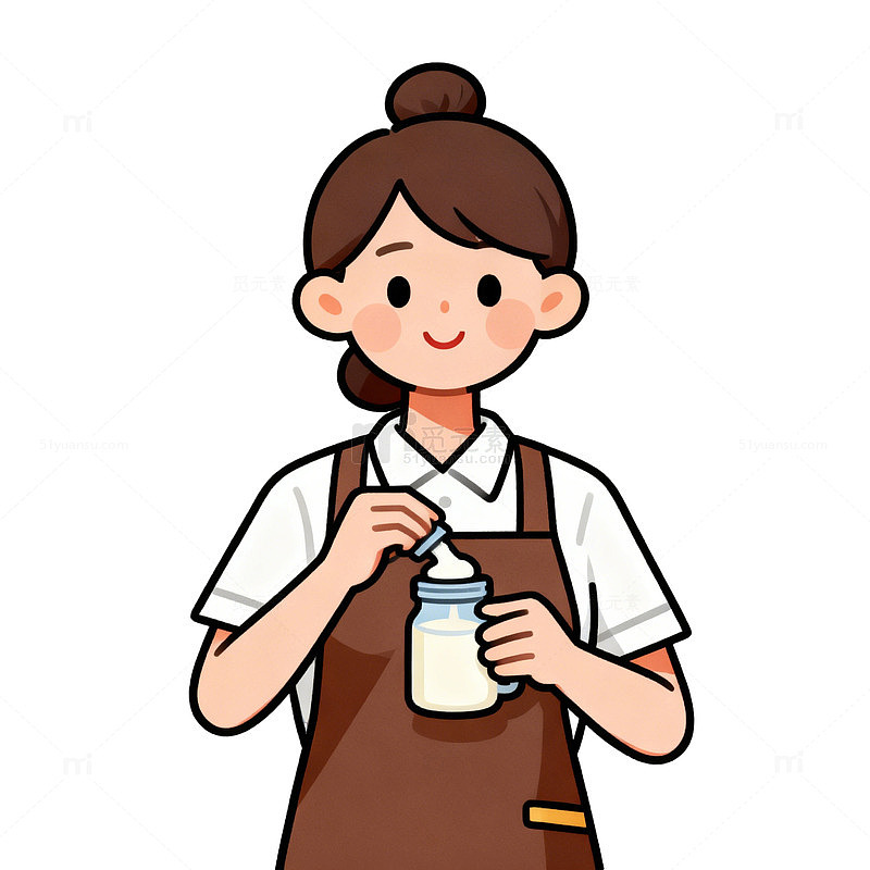 女店员手持奶瓶准备喂奶