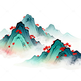 国画山峦梦幻彩色山峰云雾景观