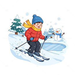 冬日滑雪童趣卡通插画