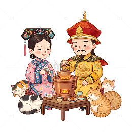 宫廷人物围炉煮茶饮茶插画