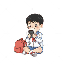 卡通小学生玩手机插画