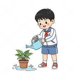 卡通男孩浇花插画