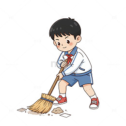 卡通男孩扫地插画