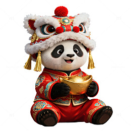 国潮风醒狮帽子熊猫抱金元宝