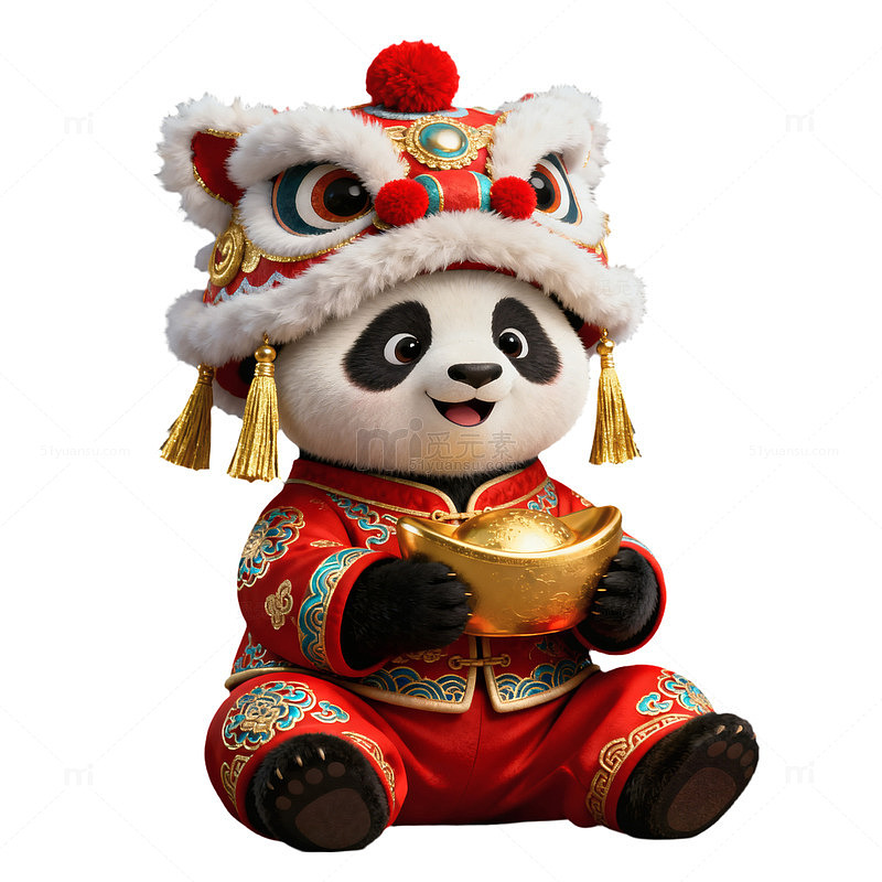 国潮风醒狮帽子熊猫抱金元宝