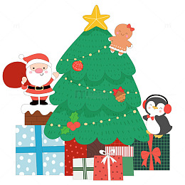圣诞树圣诞老人小企鹅送一堆礼物礼盒插画