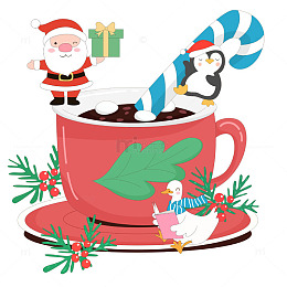 圣诞节圣诞老人小企鹅鸭子喝热饮送礼物插画