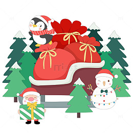 圣诞节圣诞老人小企鹅雪人送礼物节日插画