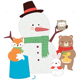 冬季圣诞雪人狐狸兔子小熊小动物节日插画