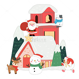 冬季圣诞节圣诞老人雪人驯鹿猫咪小动物插画