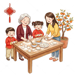 卡通家庭包饺子冬至春节喜庆插画
